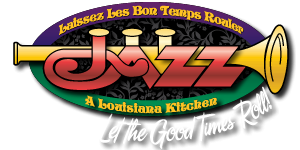 Jazz - A Louisiana Kitchen Logo of a Louisiana kitchen with a trumpet design, featuring the text "Laissez Les Bon Temps Rouler" and "Let the Good Times Roll. Kansas City, Columbia, cajun food restaurant near me