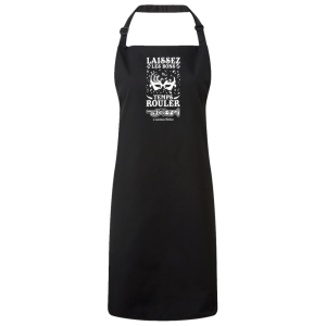 A RP150 Sustainable Unisex Bib Apron featuring an image of a dog and a wolf, inspired by the vibrant vibes of New Orleans. A New Orleans Bistro Restaurant near me