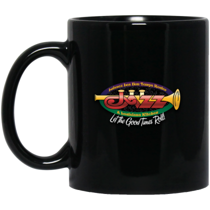 Jazz - A Louisiana Kitchen Black mug featuring the phrase "Let the Good Times Roll" with a trumpet graphic and the word "Jazz" in colorful lettering. Kansas City, Columbia
