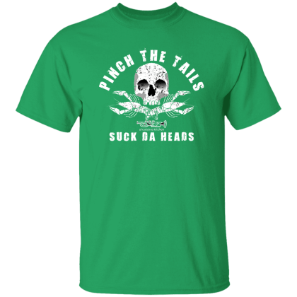 Jazz - A Louisiana Kitchen Green t-shirt with a skull graphic and the text "Pinch the Tails, Suck Da Heads" in white. Kansas City, Columbia