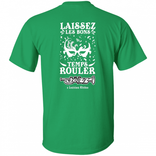 Jazz - A Louisiana Kitchen Green T-shirt with white text and graphics featuring musical notes, dancing figures, and a musical instrument. Text reads "LAISSEZ LES BONS TEMPS ROULER" and "Jazz: a Louisiana Kitchen. Kansas City, Columbia