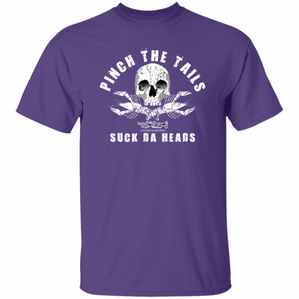 Jazz - A Louisiana Kitchen Purple t-shirt with white skull graphic and text: "Pinch the tails, suck da heads" above and below the design. Kansas City, Columbia