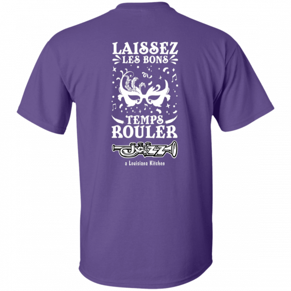 Jazz - A Louisiana Kitchen Purple t-shirt with white text and graphics. Design features musical notes, two lobsters, and the phrase, "Laissez Les Bons Temps Rouler - Jazz a Louisiana Kitchen. Kansas City, Columbia