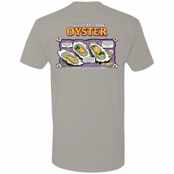 Jazz - A Louisiana Kitchen Gray T-shirt with a colorful graphic titled "How to Eat a Raw Oyster," depicting three illustrated steps on eating oysters. Kansas City, Columbia