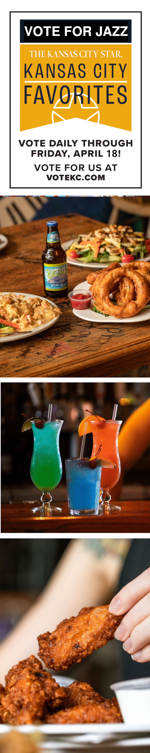Jazz - A Louisiana Kitchen Restaurant promotion for "Kansas City Favorites" showing assorted foods, drinks, and a "Vote for Jazz" campaign. Includes pizza, onion rings, tropical cocktails, and fried chicken being held. Kansas City, Columbia, cajun food restaurant near me