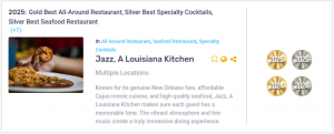 Jazz - A Louisiana Kitchen A plate of seafood is shown next to a description of Jazz, A Louisiana Kitchen, listing its awards and highlighting its New Orleans fare, atmosphere, and live music. Kansas City, Columbia, cajun food restaurant near me
