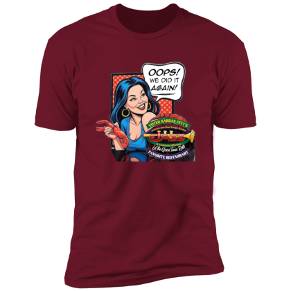 Jazz - A Louisiana Kitchen A maroon t-shirt featuring a cartoon woman holding a lobster with a speech bubble saying, "OOPS! WE DID IT AGAIN!" and a logo for a Kansas City restaurant called Jazz. Kansas City, Columbia, cajun food restaurant near me
