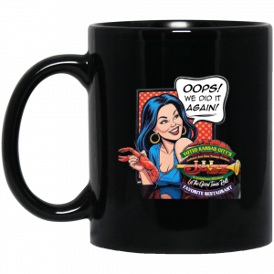 Jazz - A Louisiana Kitchen A black mug featuring a cartoon woman holding a crawfish with a speech bubble saying, "Oops! We did it again!" and a Jazz restaurant logo below. Kansas City, Columbia, cajun food restaurant near me