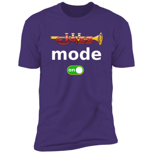 Jazz - A Louisiana Kitchen Purple t-shirt with a trumpet graphic, the word "jazz" stylized above "mode" and a green toggle switch icon labeled "on" below. Kansas City, Columbia, cajun food restaurant near me