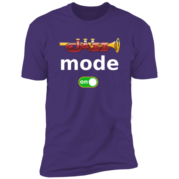 Jazz - A Louisiana Kitchen Purple t-shirt with a trumpet graphic, the word "jazz" stylized above "mode" and a green toggle switch icon labeled "on" below. Kansas City, Columbia, cajun food restaurant near me