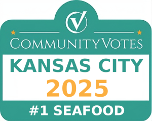 Jazz - A Louisiana Kitchen A teal sign reads "CommunityVotes Kansas City 2025 #1 Seafood" in bold white, green, and orange text. Kansas City, Columbia, cajun food restaurant near me