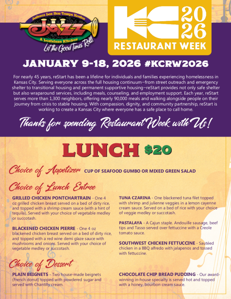 Jazz - A Louisiana Kitchen Promotional flyer for Restaurant Week 2026 features lunch menu options, pricing, event dates, and a thank you message for supporting Restaurant Week in Kansas City. Kansas City, Columbia, cajun food restaurant near me