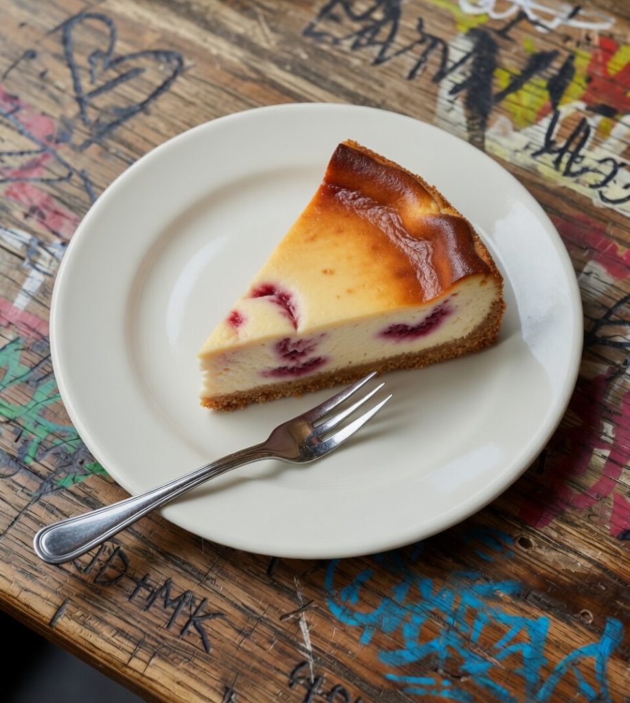 Jazz - A Louisiana Kitchen A slice of raspberry cheesecake on a white plate with a fork, placed on a graffiti-covered wooden table. Kansas City, Columbia, cajun food restaurant near me
